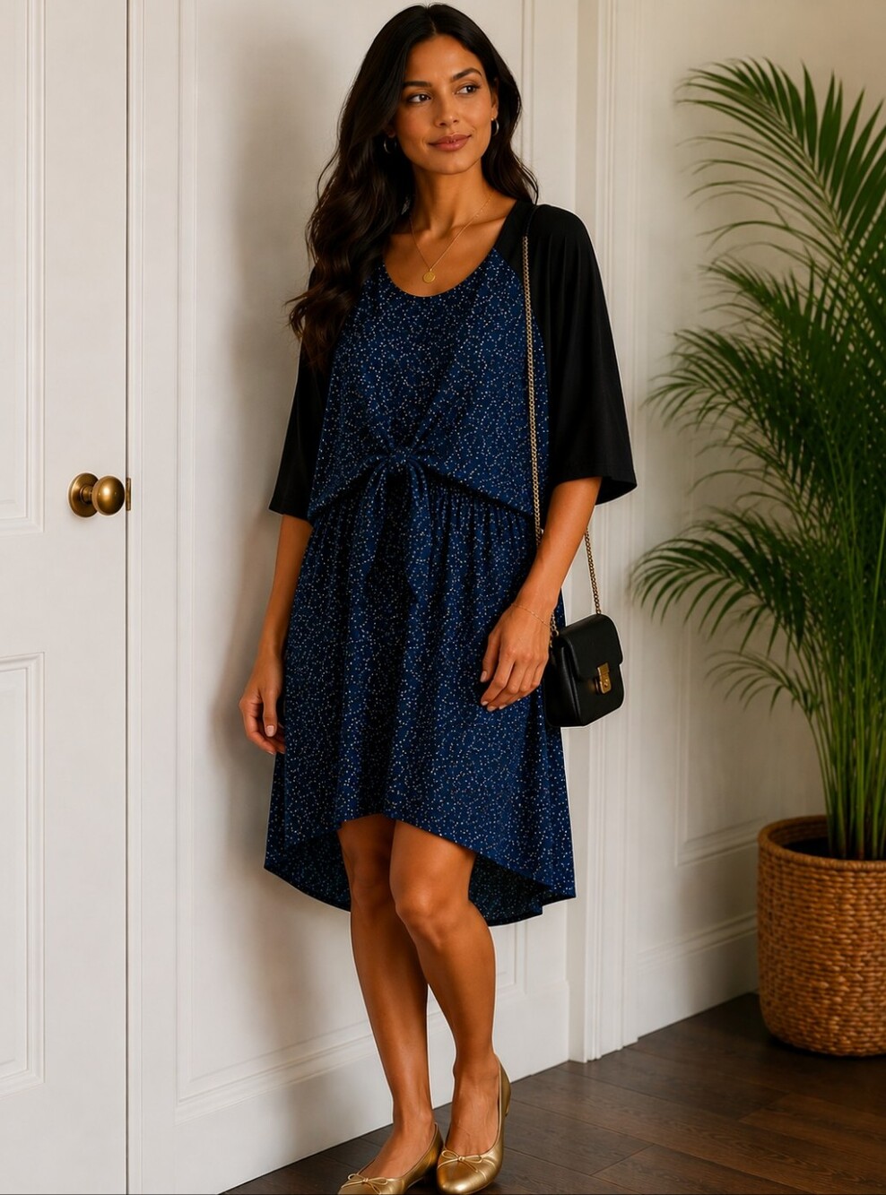 Mossino Large 2 Piece‎ Navy Speckled High Low Dress Set Tie Front Overlay Top
